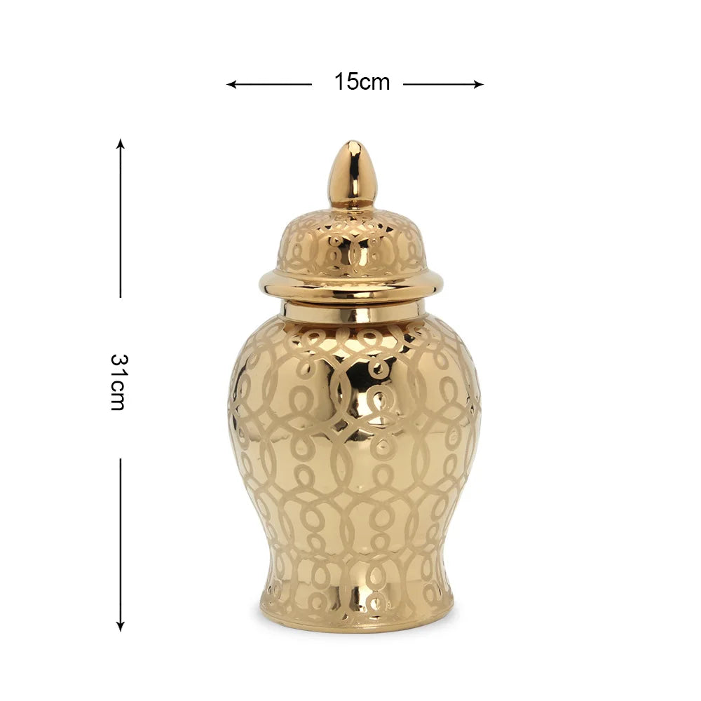 Afralia™ Golden Pattern Porcelain Ginger Jar Vase with Lid for Home Decor