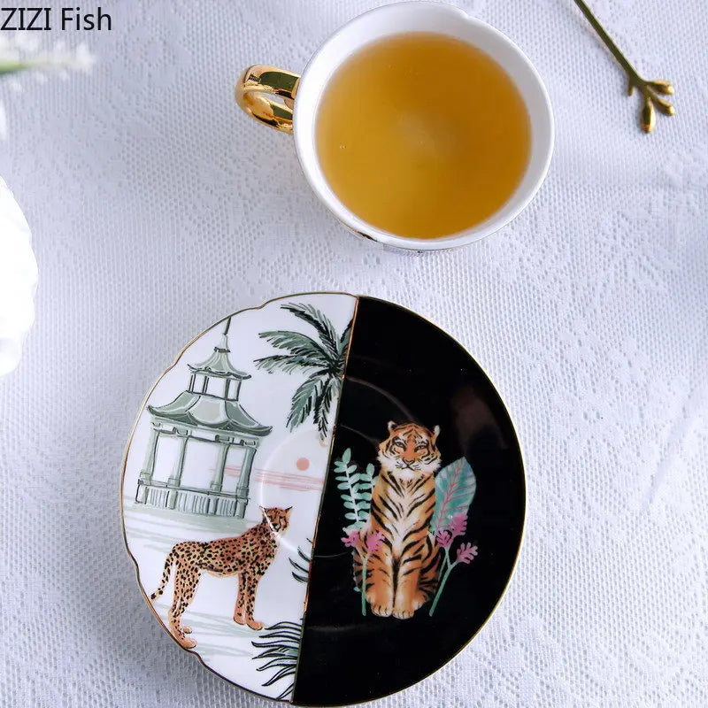 Afralia™ Watercolor Tiger Leopard Ceramic Gold-plated Coffee Tea Cup Embellished Mug