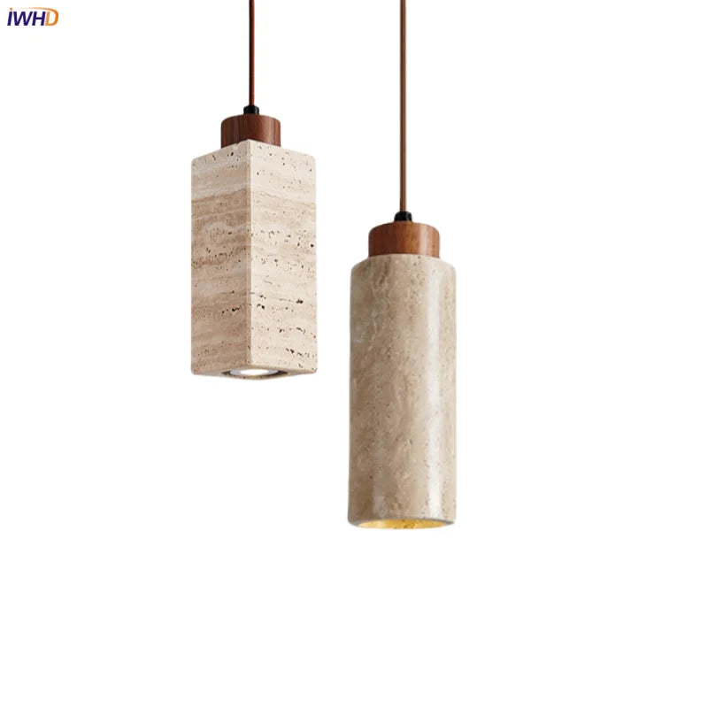 Afralia™ Japanese Stone LED Pendant Lamps Yellow Travertine Wabi Sabi Hanging Light