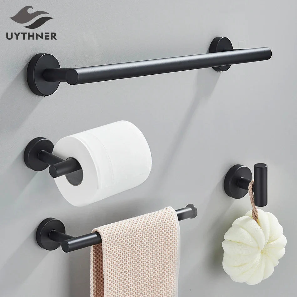 Afralia™ Matte Black Bathroom Hardware Set: Shelf, Paper Holder, Hook, Rail, Ring