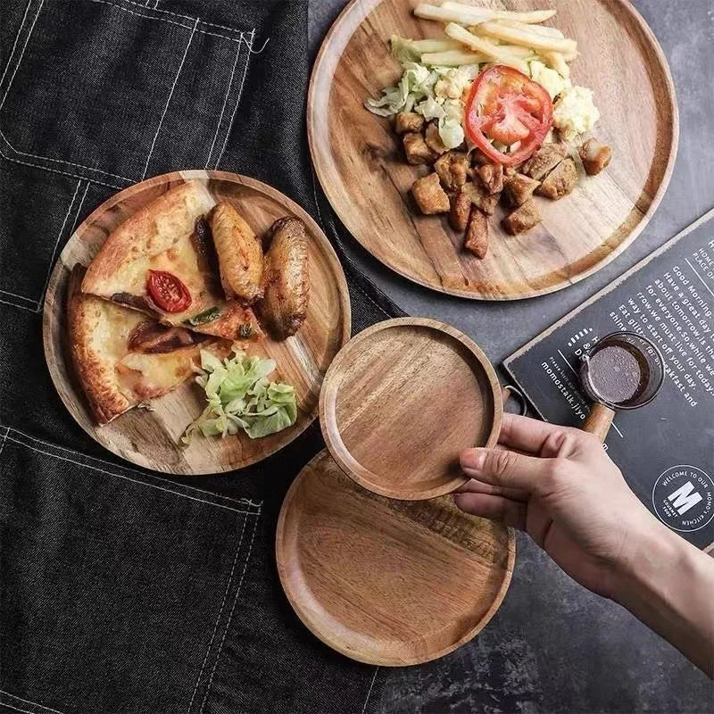 Afralia™ Round Wooden Serving Tray for Food Dessert Snacks Storage