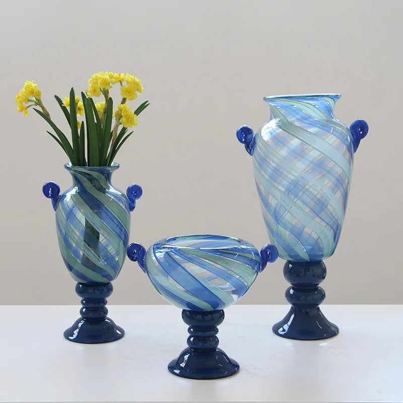 Afralia™ Blue Striped Transparent Glass Vase - Tall Bottle Flower Pot Bouquet Holder