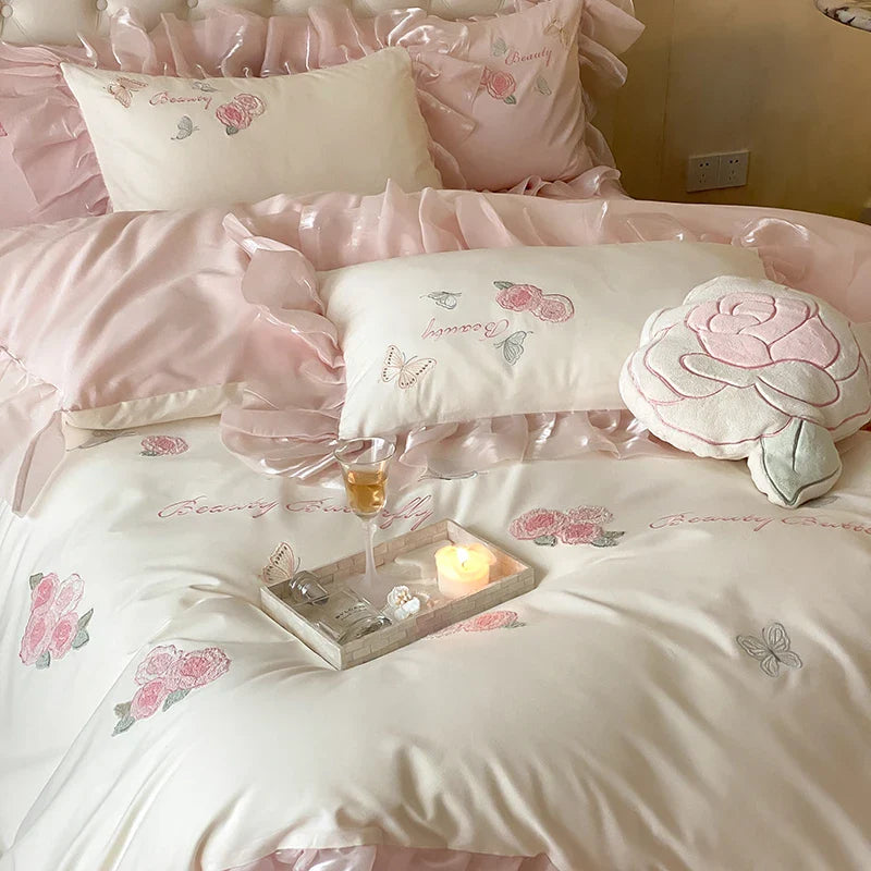 Afralia™ Butterfly Flowers Lace Ruffles 4Pcs Bedding Set: Duvet Cover, Sheet, Pillowcases