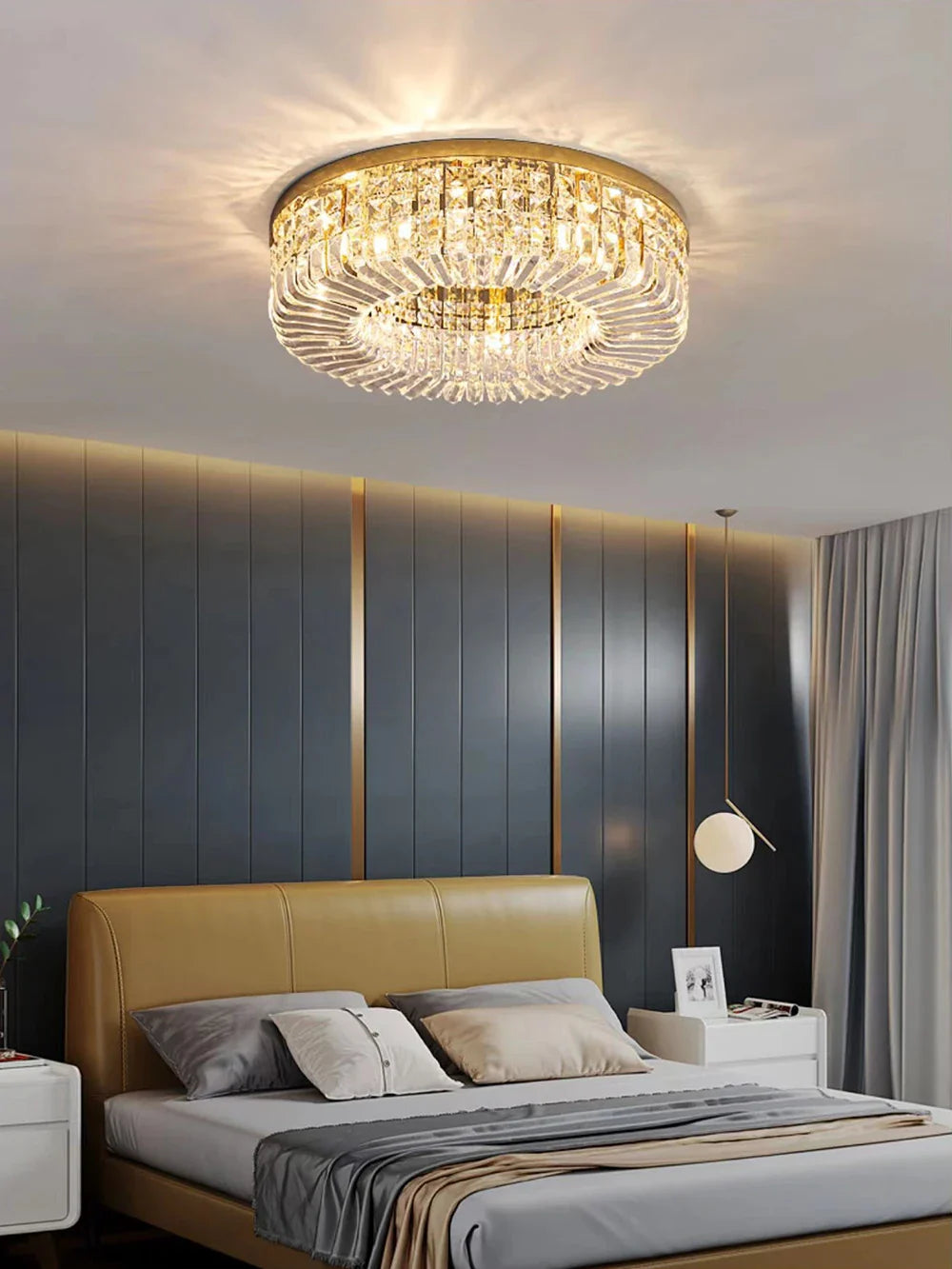 Afralia™ Round LED Crystal Chandelier Gold/Silver Luxe Ceiling Light Fixture for Bedroom