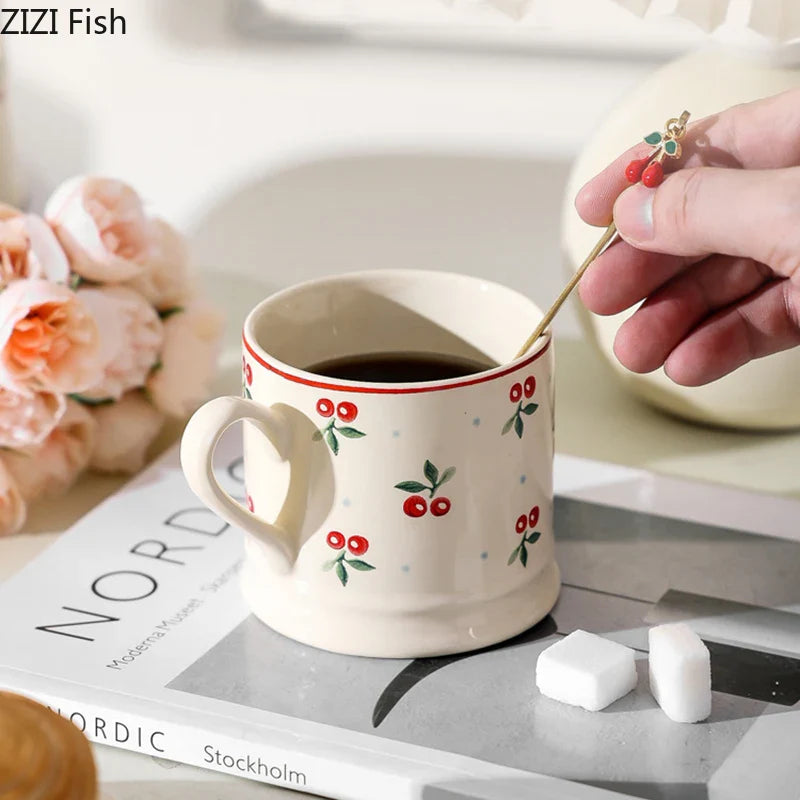 Afralia™ Cherry Pattern Porcelain Coffee Mug - Lovely Tableware Cup for Afternoon Tea