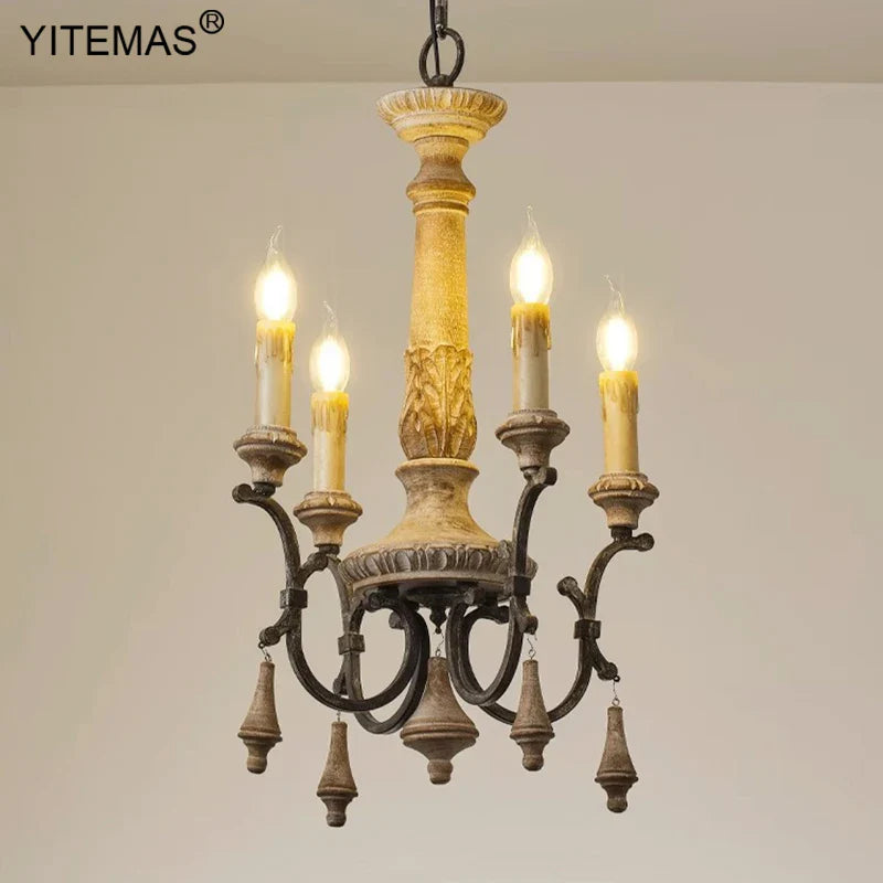 Afralia™ Vintage French Chandelier 6 Lights Retro Wooden 4 Lights for Living Room Bedroom Dining