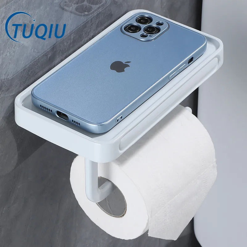 Afralia™ White Aluminium Toilet Paper Holder with Shelf Tray, Wall Mount Tissue Hanger