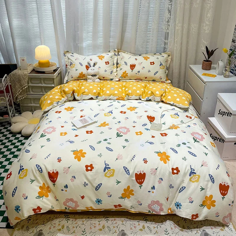 Afralia™ Flowers Print Cotton King Size Bedding Set, Soft & Comfortable Duvet Cover Set