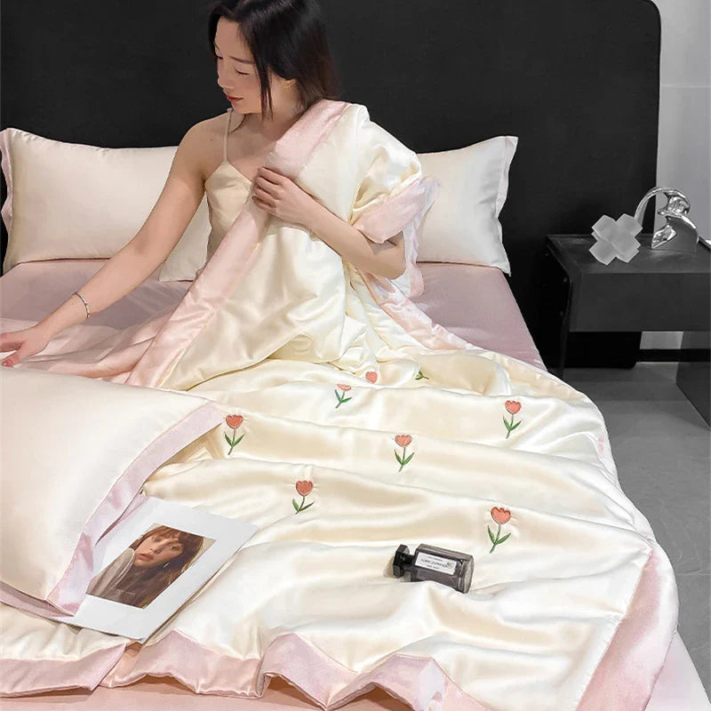 Afralia™ Bowknot Embroidered Summer Bedding Set - Soft & Skin-friendly Quilt, Duvet, Pillowcases