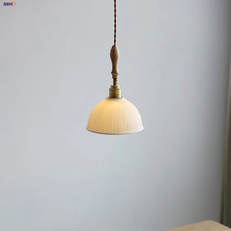 Afralia™ LED Pendant Light Ash Wood White Ceramic Japanese Style Hanging Lamp