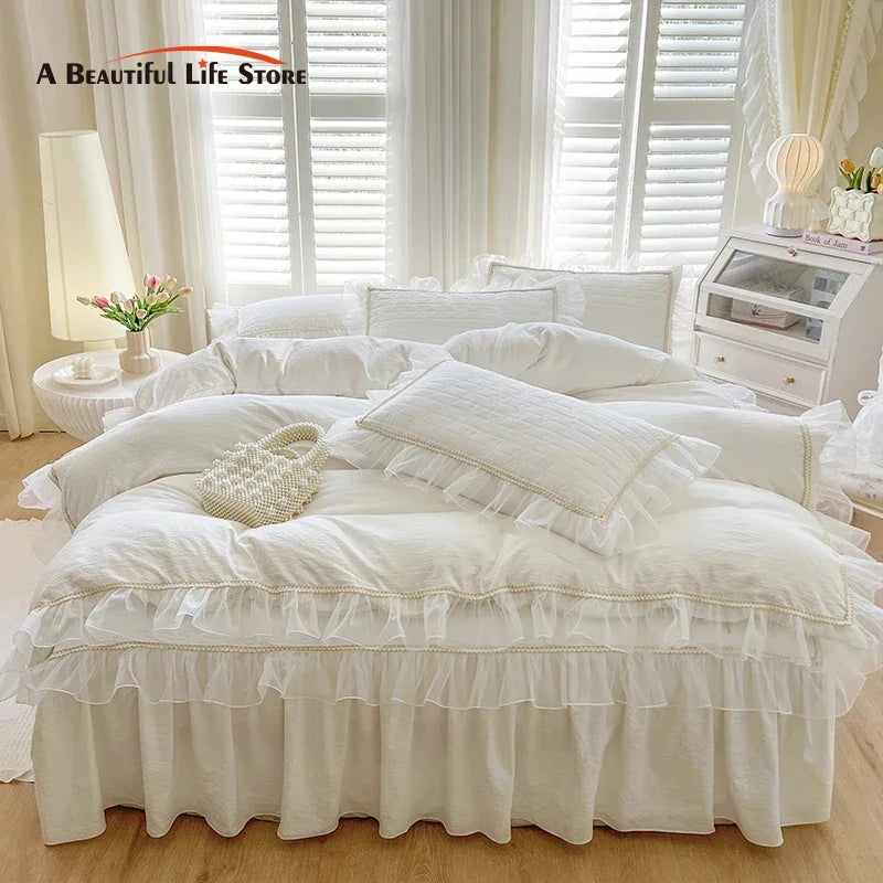 Afralia™ Seersucker Princess Bedding Set with Lace Ruffles - 4Pcs