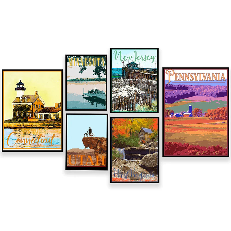 Afralia™ Travel Posters Collection: Utah Idaho Wyoming New Jersey Florida North Carolina Minnesota South Carolina Connecticut