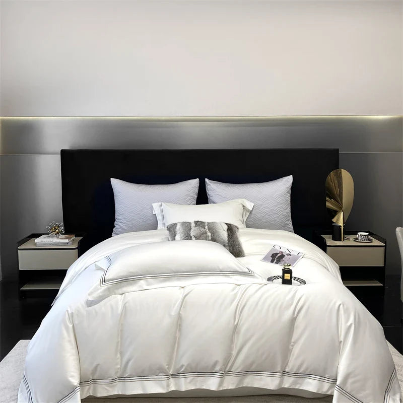 Afralia™ Luxury Egyptian Cotton Embroidery Bedding Set - Soft & Silky Pearl White