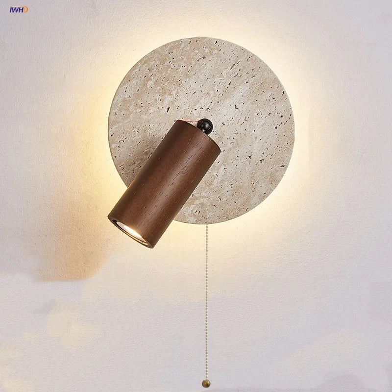 Afralia™ Wood LED Wall Lamp Sconce Pull Chain Yellow Travertine Nordic Modern Rotation