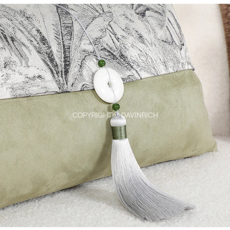 Afralia™ Avocado Green Jungle Plants Patchwork Luxury Lumbar Pillow Cover 30x50cm