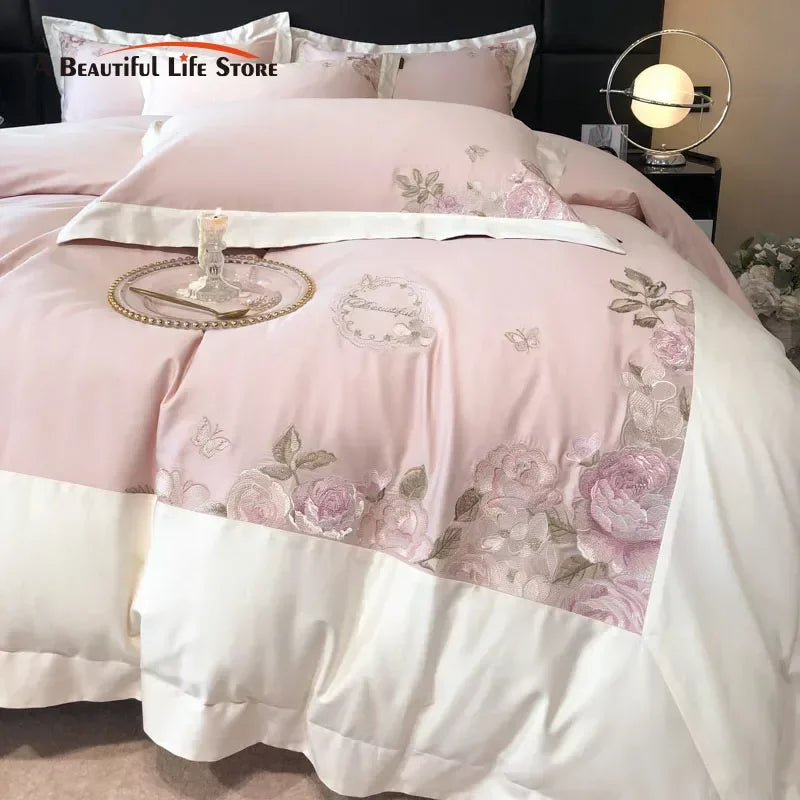 Afralia™ Rose Flowers Embroidery Bedding Set, Pink Egyptian Cotton, Luxury 4Pcs