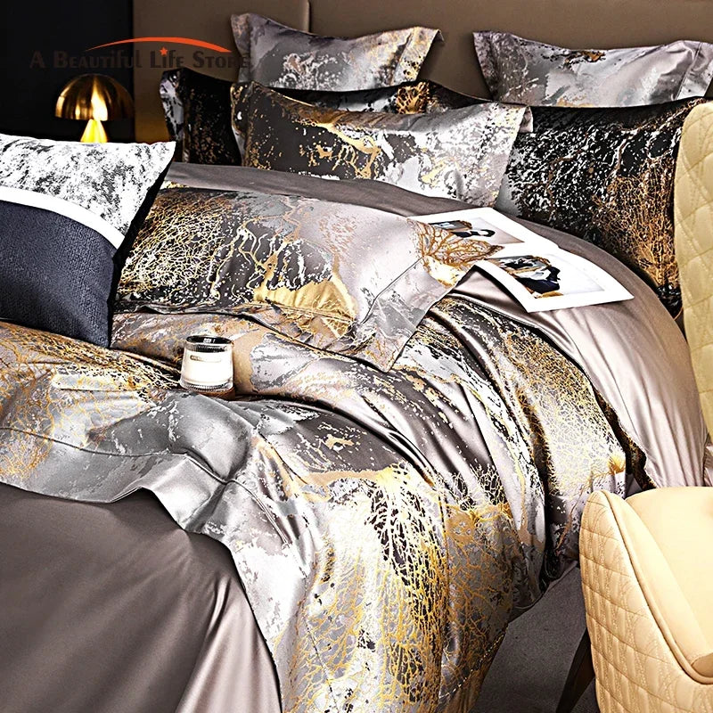 Afralia™ Silver Gray Satin Jacquard 1000TC Egyptian Cotton Bedding Set, Queen King Size