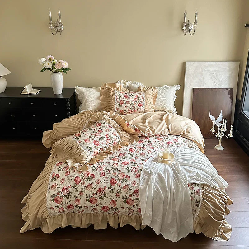 Afralia™ Vintage Floral Lace Ruffles Bedding Set, 100% Cotton, Duvet, Sheets, Pillowcases
