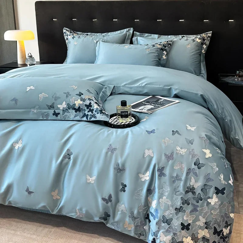 Afralia™ Butterflies Embroidery Bedding Set - King Queen Ru Size Bed Linens Sheet Pillowcase Comforter Cover Set