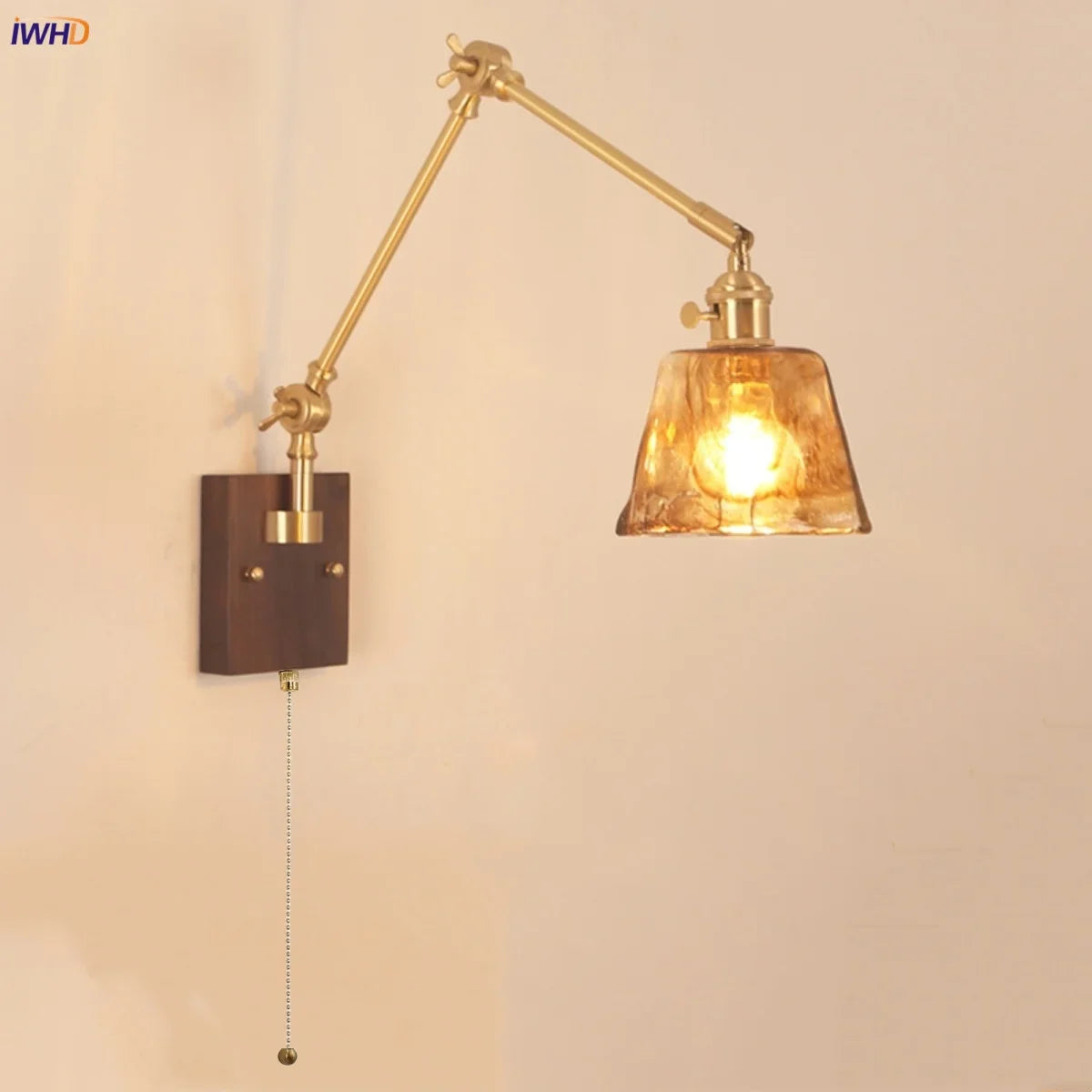 Afralia™ Walnut Wood LED Wall Light with Pull Chain Switch & Rotatable Amber Glass