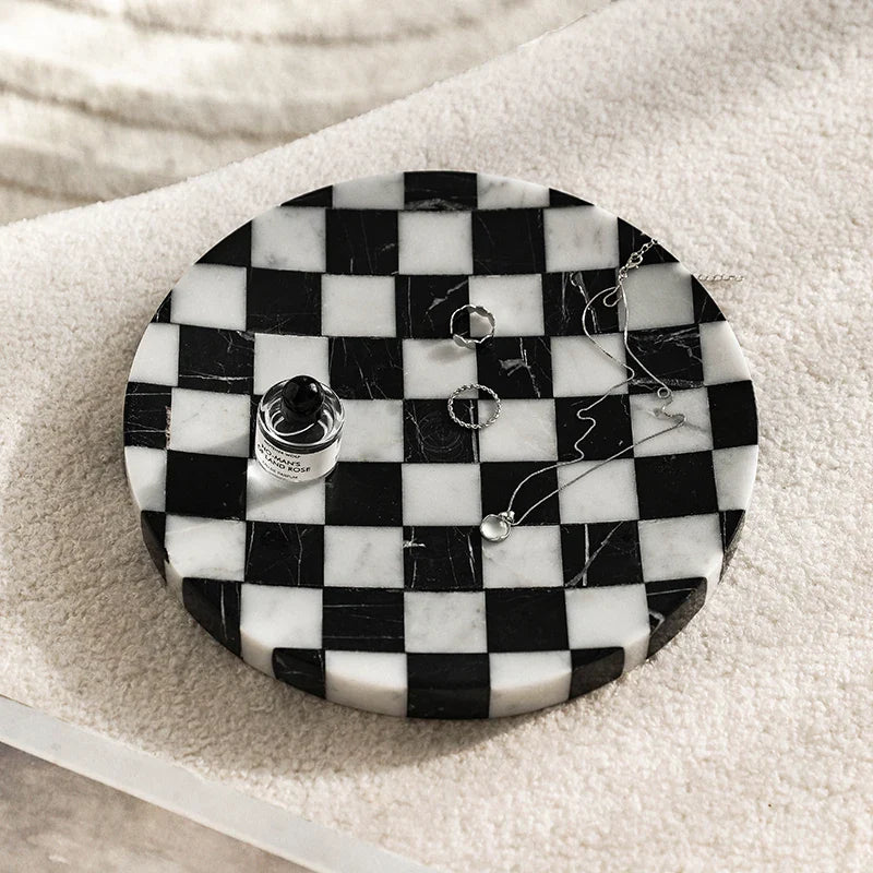 Afralia™ Marble Chessboard Print Tray: Nordic Style, Black & White, Luxury Stone Ornament