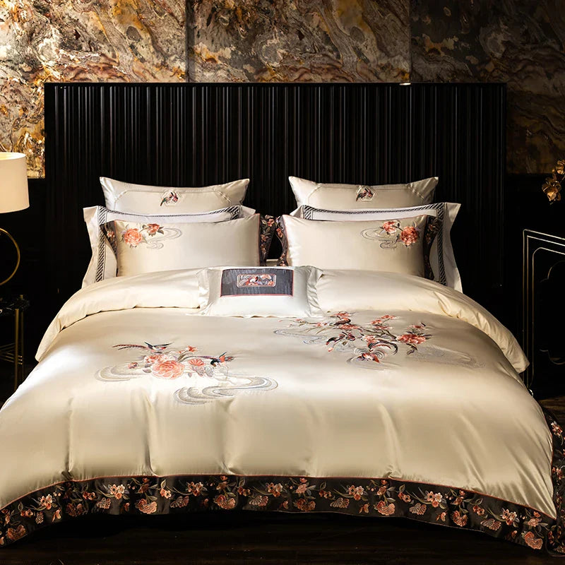 Afralia™ Champagne Flowers Embroidery Luxury Bedding Set - Satin Brocade Cotton Bedding