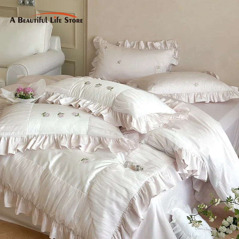 Afralia™ Rose Embroidery Lace Ruffles Bedding Set 1000TC Egyptian Cotton Duvet Cover Flat Sheet