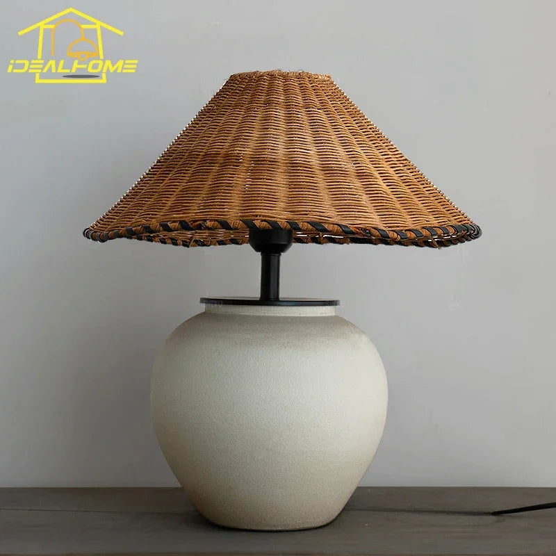 Afralia™ Wabi-sabi Ceramic Rattan Weave Table Lamp LED E27 for Living Room Bedroom Hotel