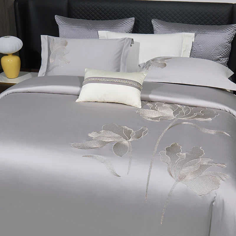 Afralia™ Luxury Flower Embroidery 1000TC Egyptian Cotton Bedding Set - 4Pcs