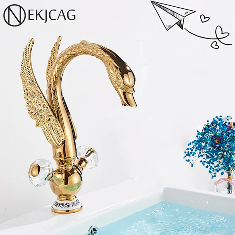 Afralia™ Golden Swan Crystal Handle Basin Faucet - Deck Mount Luxury Bathroom Mixer