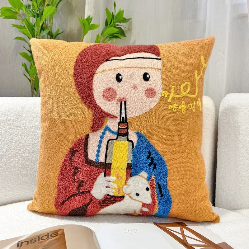 Afralia™ Cartoon Oil Painting Embroidery Throw Pillow for Office Chair, Living Room, Bedroom
