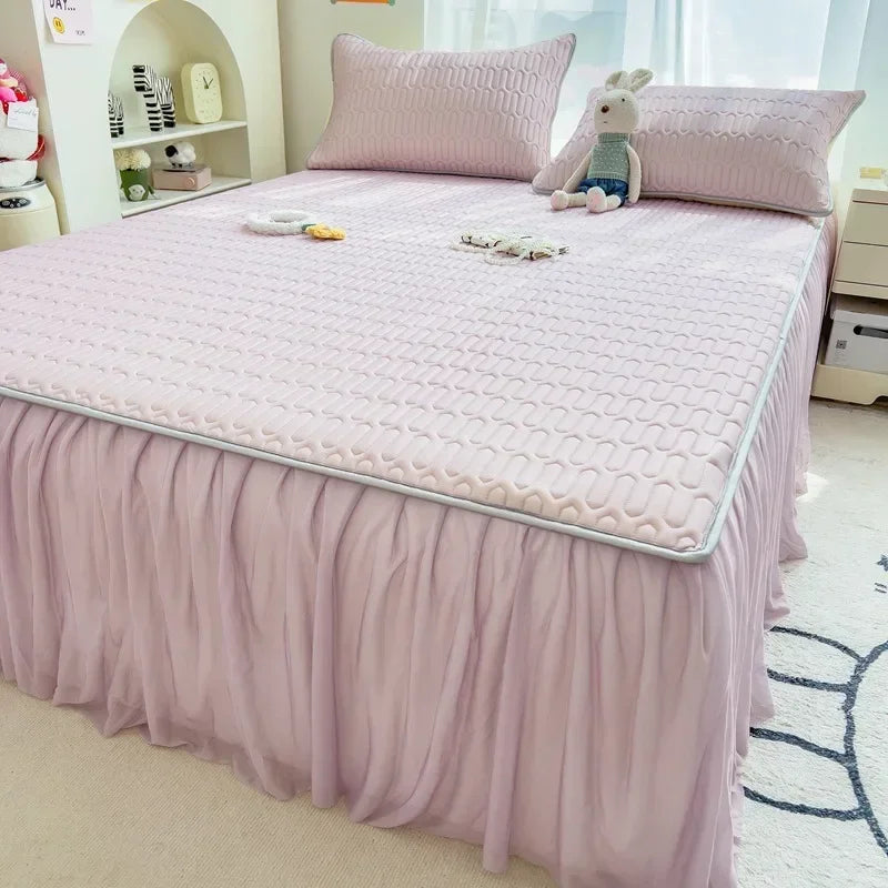 Afralia™ Cool Fabric Latex Bed Skirt Set: Solid Color Summer Mat with Elastic Band