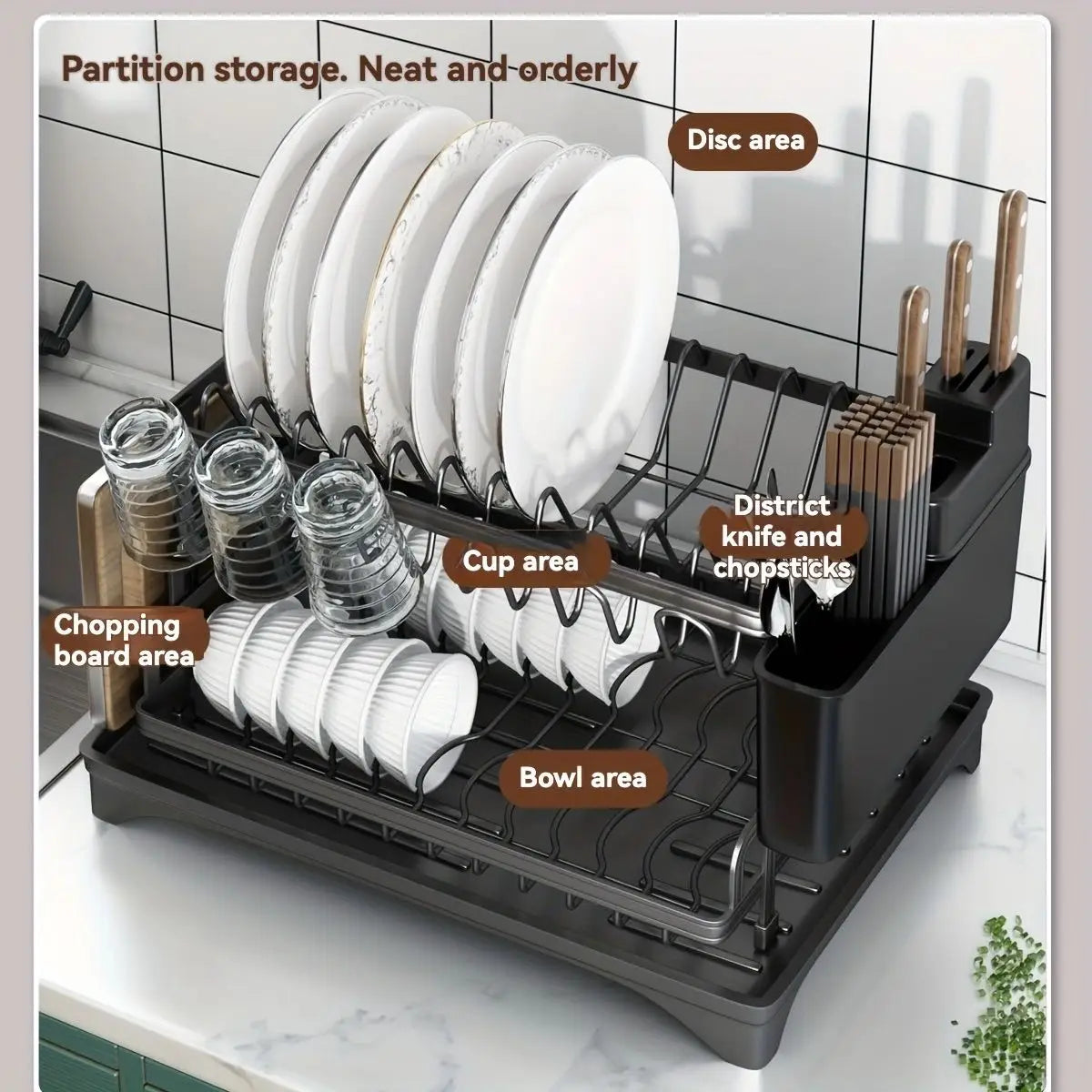 Afralia™ 2 Tier Dish Drying Rack with Storage Holder & Drainer for Kitchen Organizing