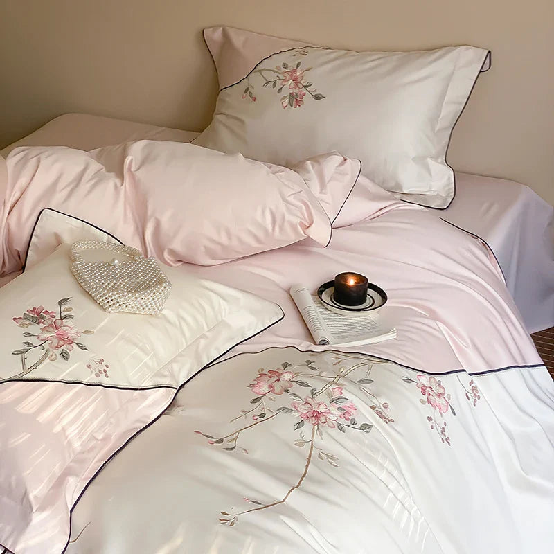 Afralia™ Chinese Flowers Embroidery Luxury Bedding Set - 1000TC Egyptian Cotton Duvet Cover, Flat Sheet, Fitted Sheet, Pillowcases