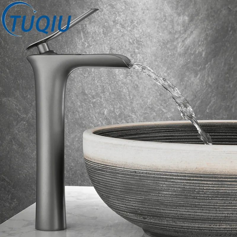 Afralia™ Grey Waterfall Brass Basin Faucet - Hot Cold Mixer Tap for Bathroom Sink