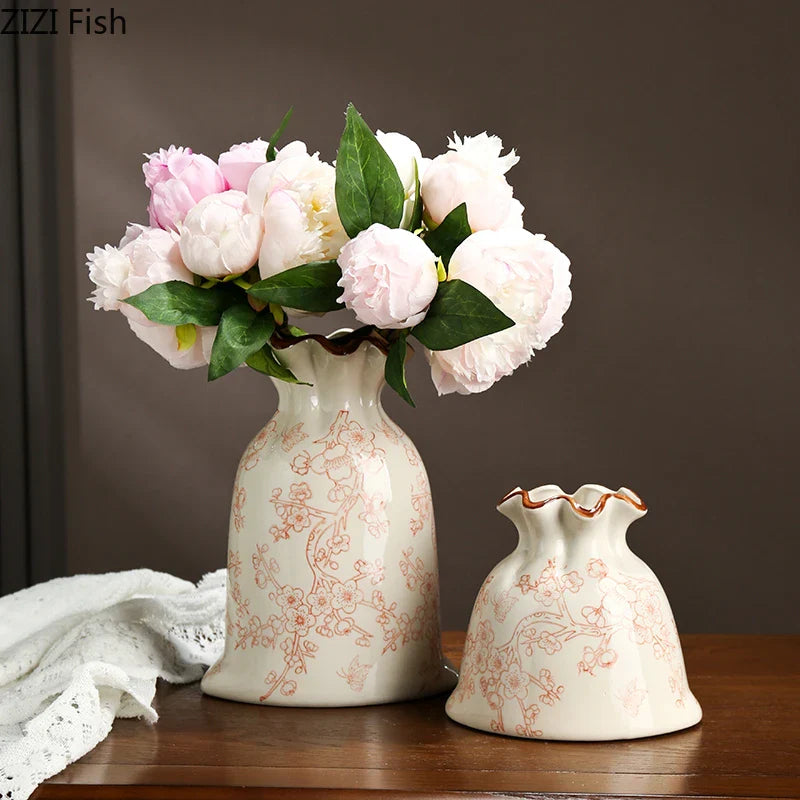 Afralia™ Vintage Floral Ceramic Vase Creative Bag Shape Table Decoration