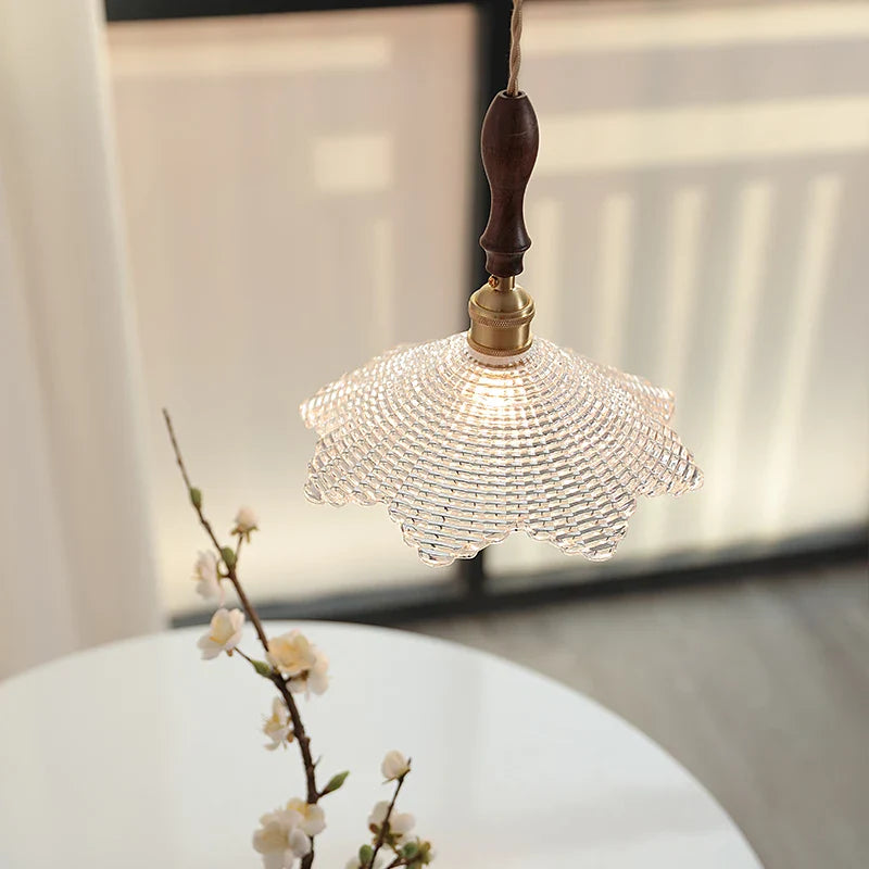 Afralia™ Nordic Walnut Wood LED Pendant Light Clear Glass Hang Lamp