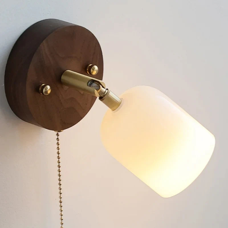 Afralia™ Walnut Wood LED Wall Lights Bedroom Copper Rotate Glass Pull Chain Switch