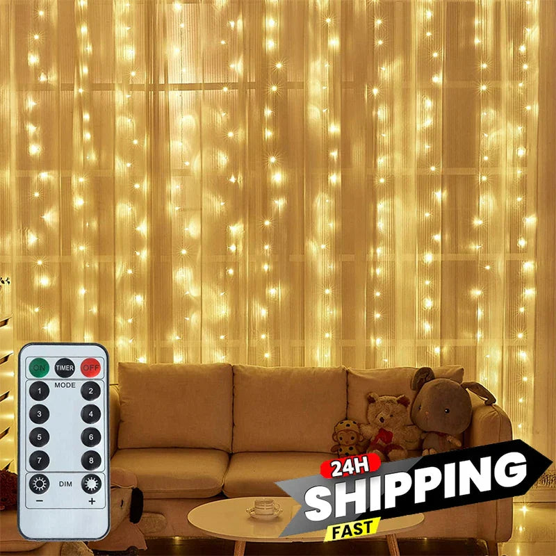 Afralia™ Curtain Garland LED String Lights with 8 Modes Remote Control