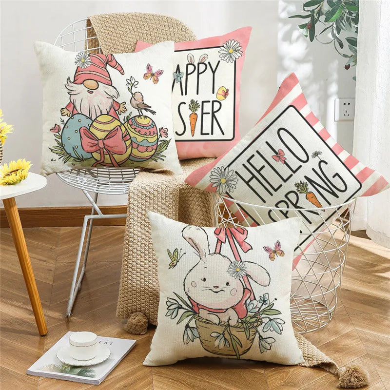 Afralia™ Spring Rabbit 45x45cm Linen Pillowcase for Easter Decor & Living Room