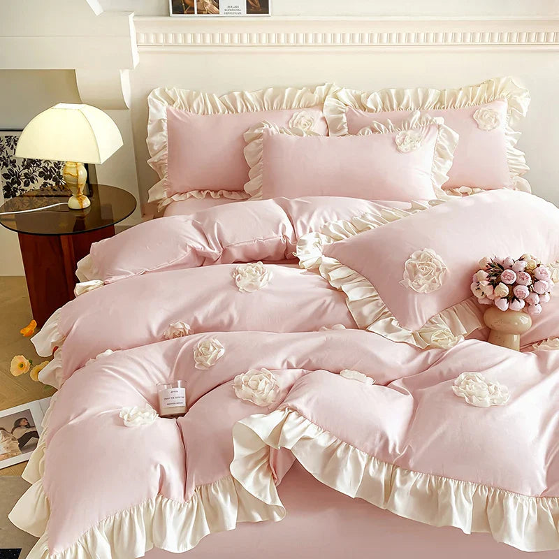 Afralia™ Pink Stereoscopic Bedding Set: Handwork Flowers Embroidery, Ruffle, Korean Style