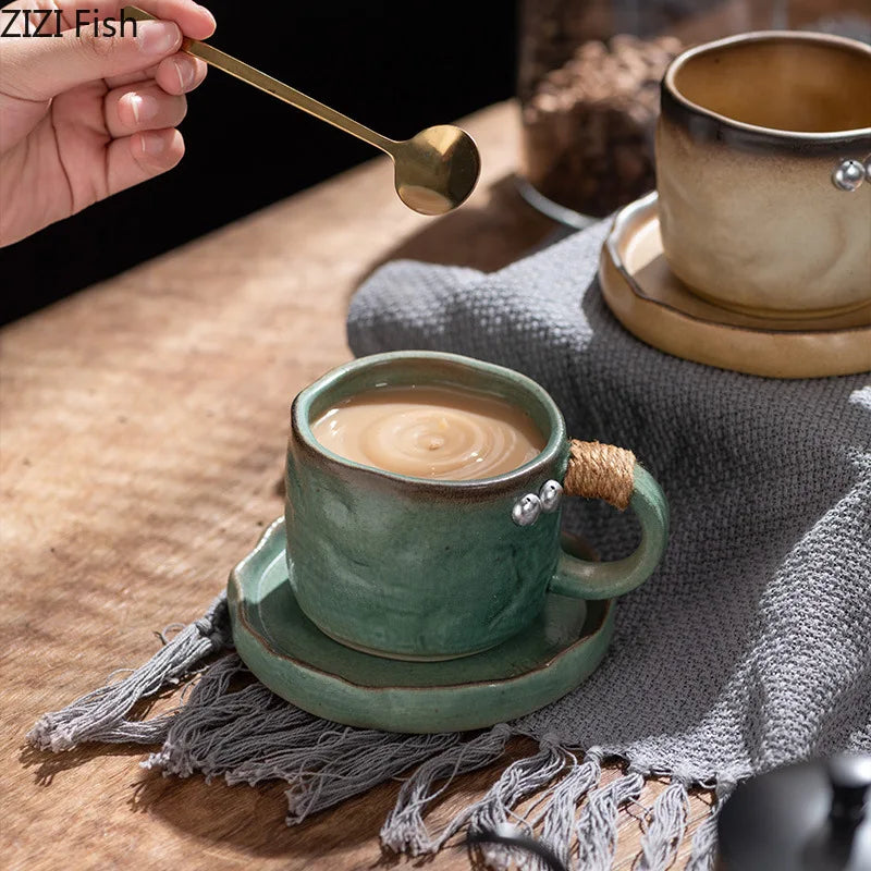 Afralia™ Coarse Pottery Cup & Saucer Set - Classical Mugs for Dining Table or Coffee