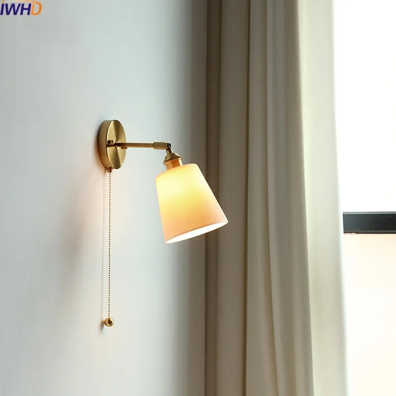 Afralia™ Vintage Ceramic LED Wall Sconce Light with Copper Pull Chain Switch