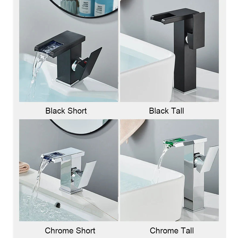 Afralia™ Black LED Waterfall Bathroom Faucet, Deck Mounted, Three Color Change