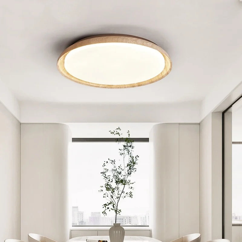 Afralia™ Yellow Travertine Stone LED Ceiling Lamp with Wood Canopy