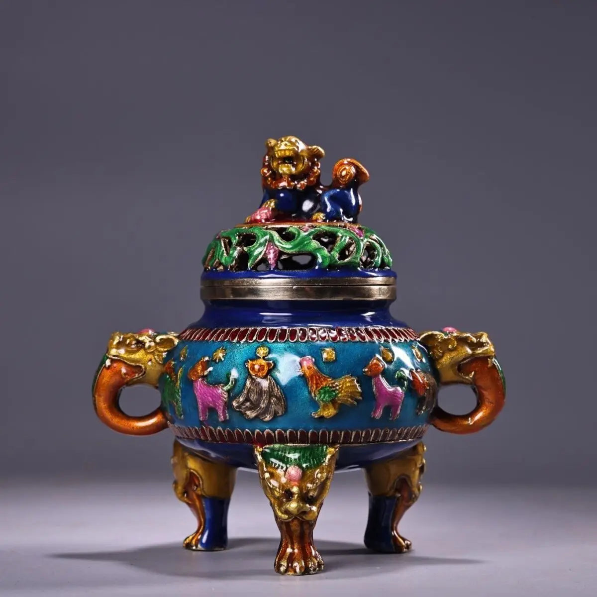 Afralia™ Bronze Cloisonne Lion Dragon Incense Burner Ornament