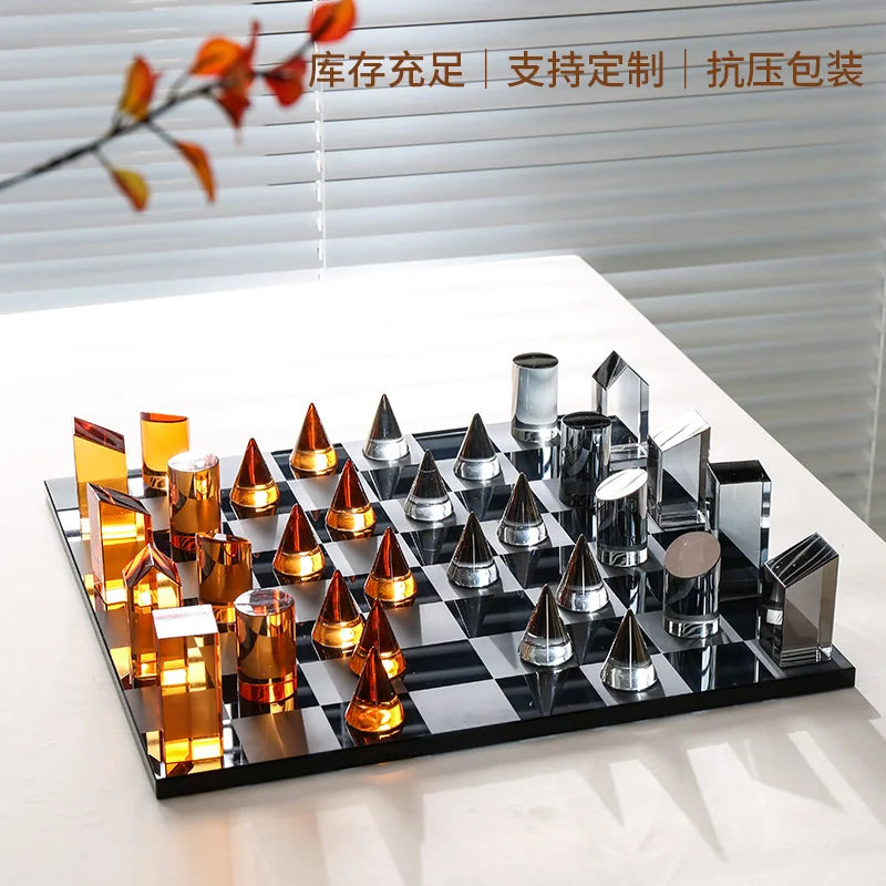 Afralia™ Crystal Glass Chess Set Geometric Design Home Decor Figurines.
