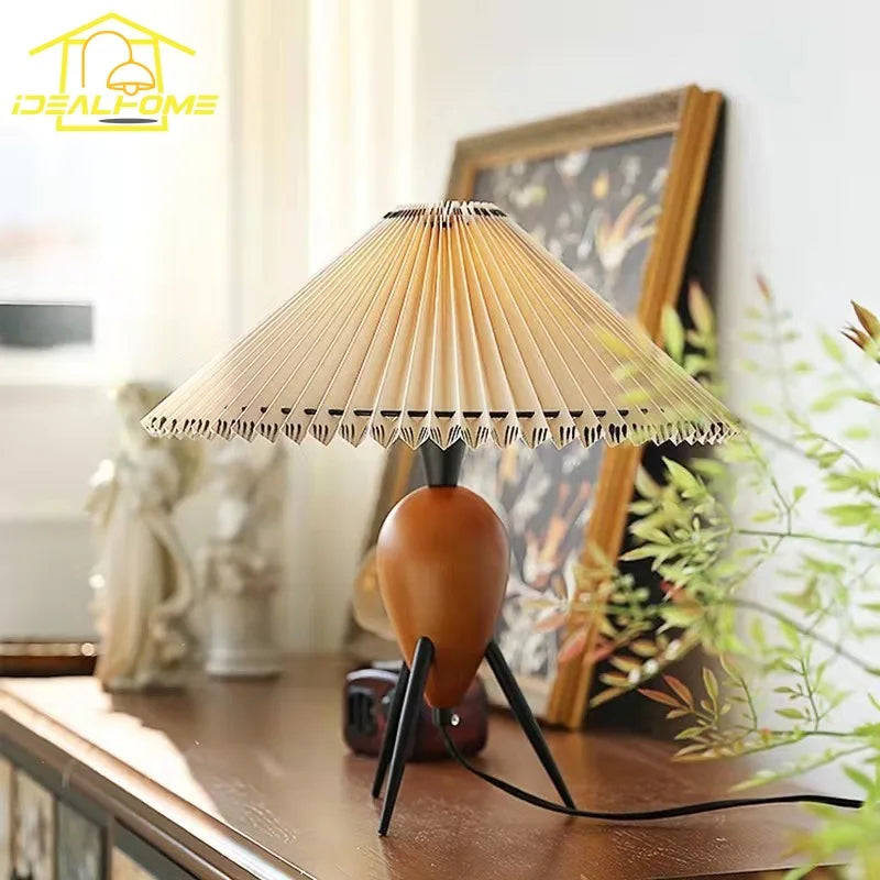 Afralia™ Bauhaus Pleated Wood Table Lamp LED E27 Solid Fabric Desk Light