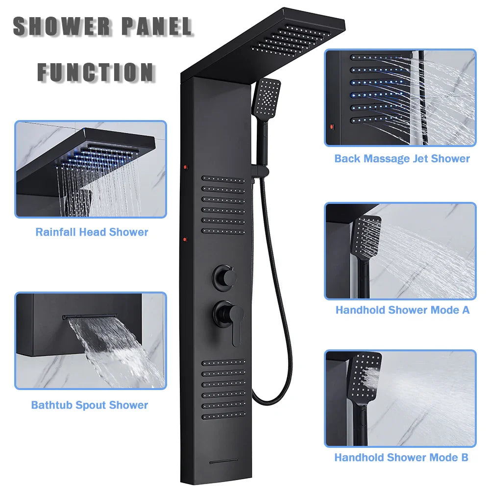 Afralia™ Black LED Shower Column with Massage Jets and Waterfall Mixer Tap