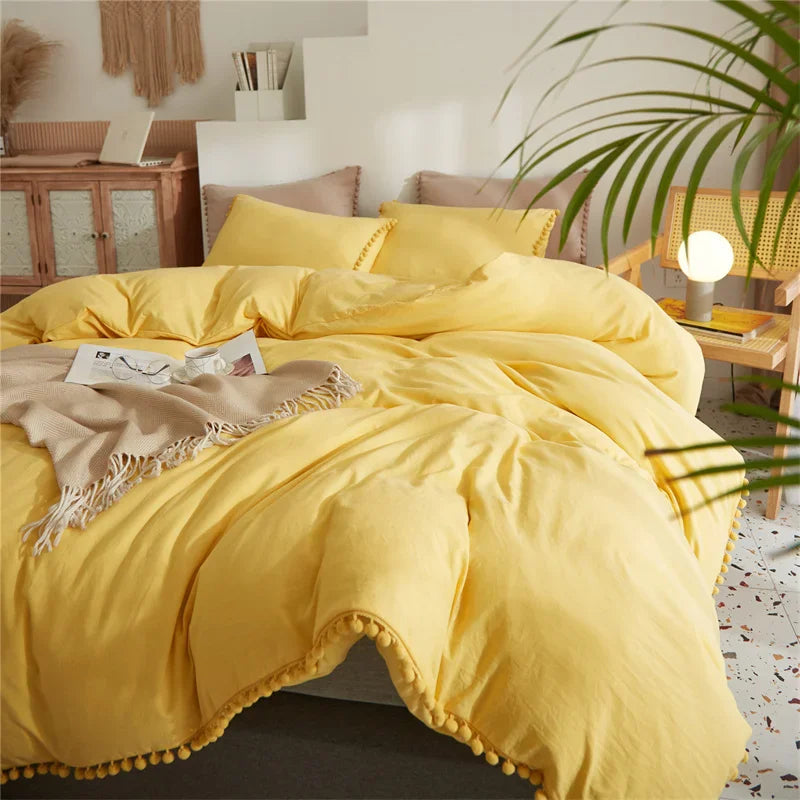 Afralia™ Furball Tasseles Bedding Set | King/Queen Duvet Cover & Washed Quilt Cover Set